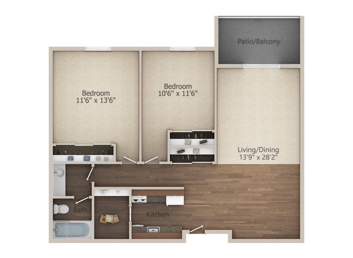 Floor plan for 2 beds, 1 bath, 909 sqft